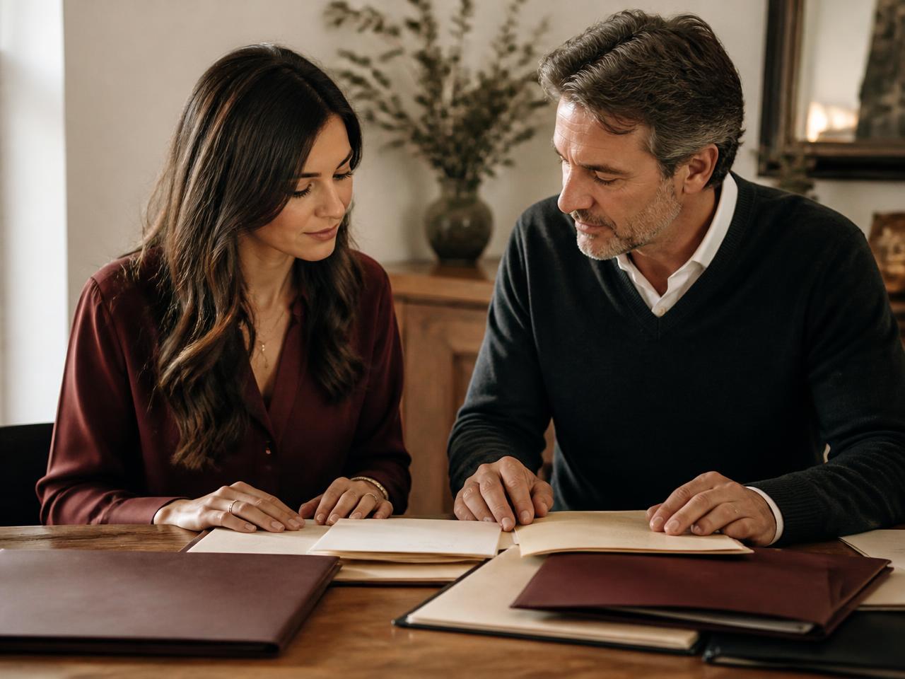 Reviewing tax documents together at a table